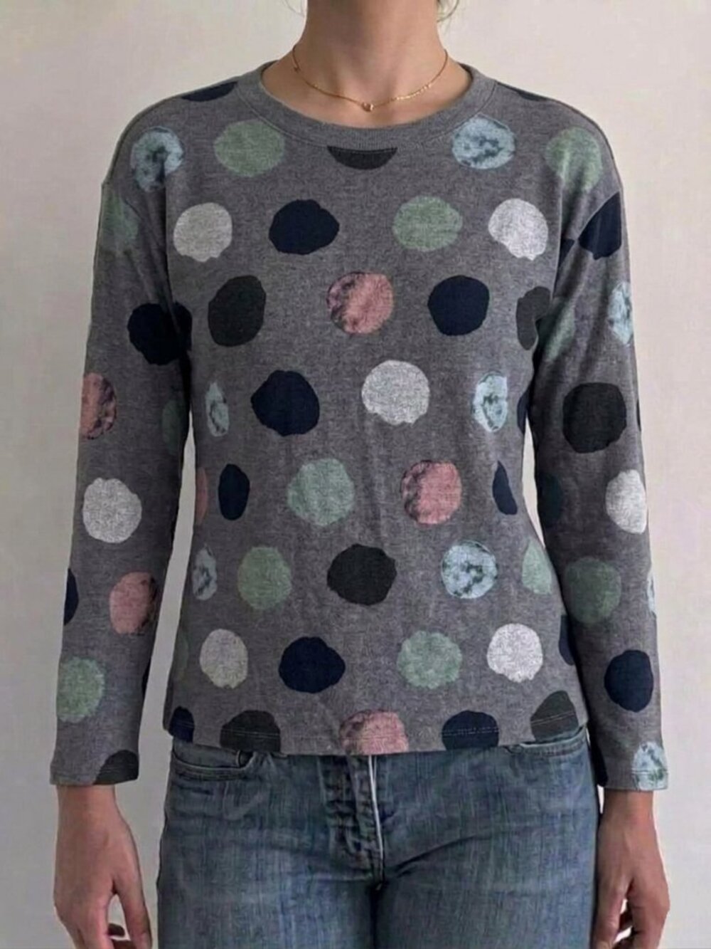 Charlie B Pastel Polka Dot Grey Crewneck Sweater Soft Lightweight Fleece M